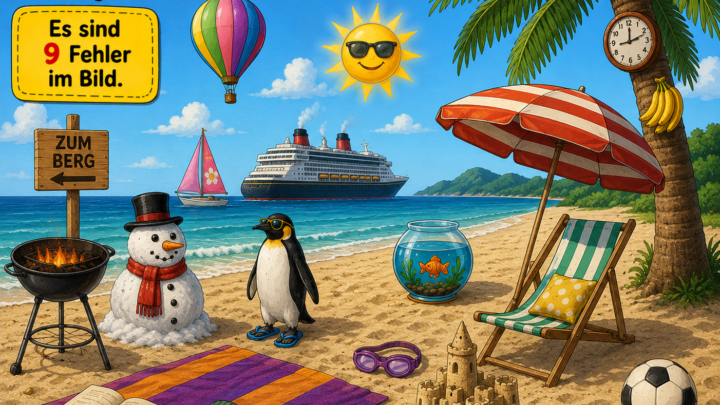 Finde den Fehler am verrückten Strand! Kannst du alle 9 Fehler entdecken?