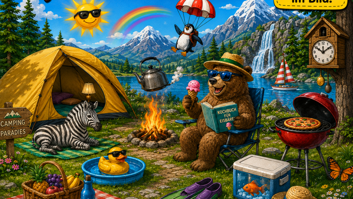Finde den Fehler auf dem verrückten Campingplatz! Kannst du alle 12 Fehler entdecken?
