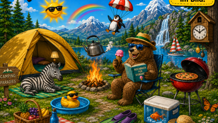 Finde den Fehler auf dem verrückten Campingplatz! Kannst du alle 12 Fehler entdecken?