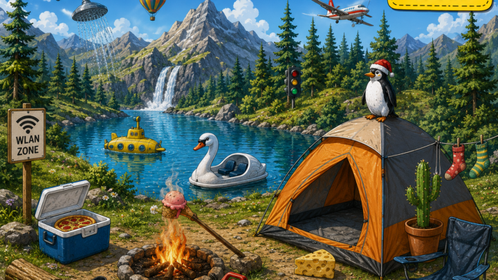 Finde den Fehler beim verrückten Camping-Abenteuer! Kannst du alle 12 Fehler entdecken?