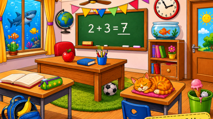 Finde den Fehler im Klassenzimmer! Kannst du alle 8 Fehler entdecken?