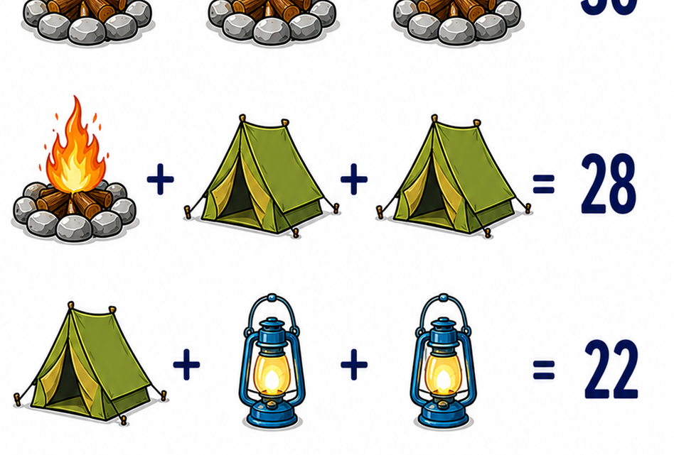 Camping-Bildrechenrätsel: Kannst du die letzte Aufgabe knacken?