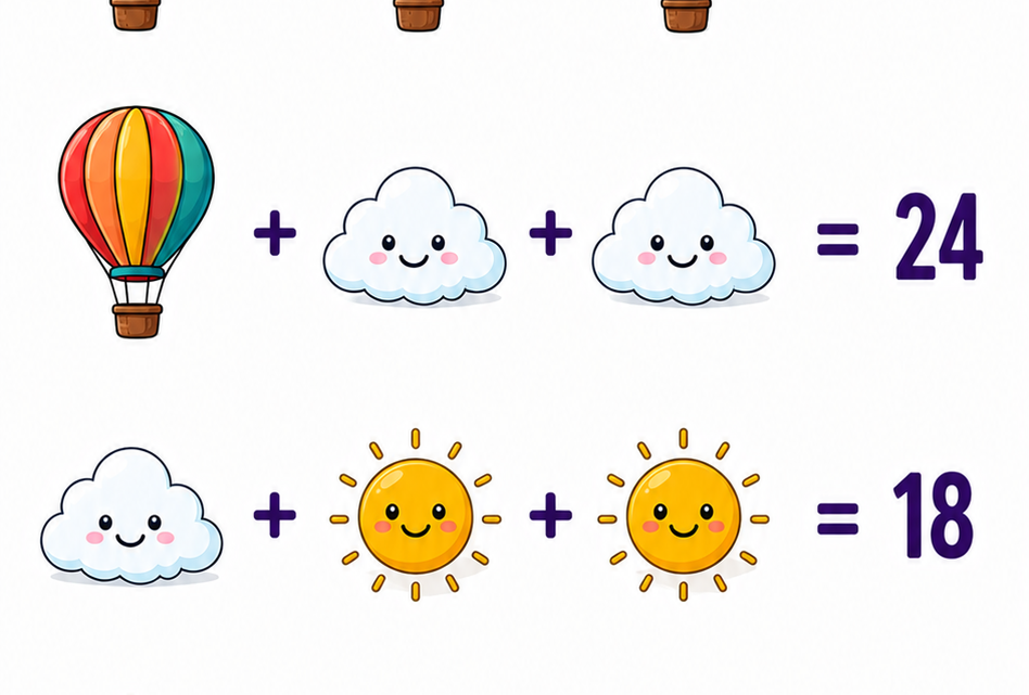 Farbenfrohes Himmel-Bildrechenrätsel: Kannst du das richtige Ergebnis finden?